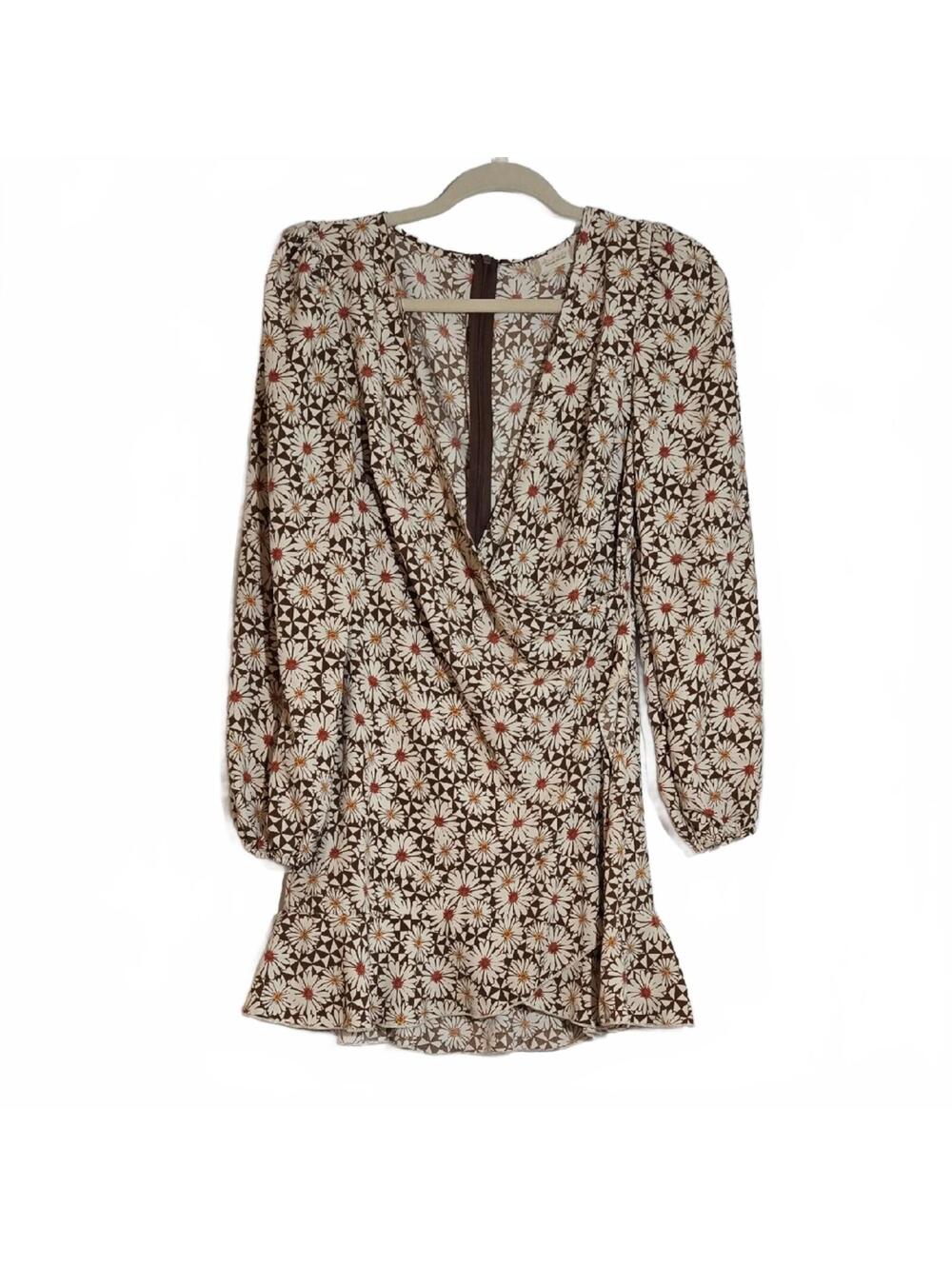 Altar'd State Brown White Daisy Floral Faux Wrap Ruffled Dress Size Small